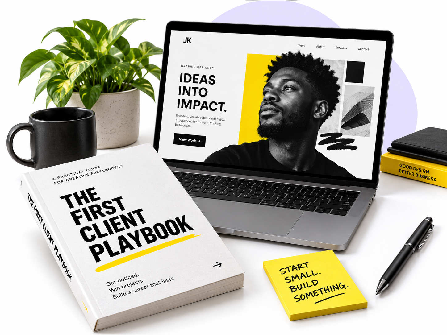 Illustrated freelance portfolio and First Client Playbook concept